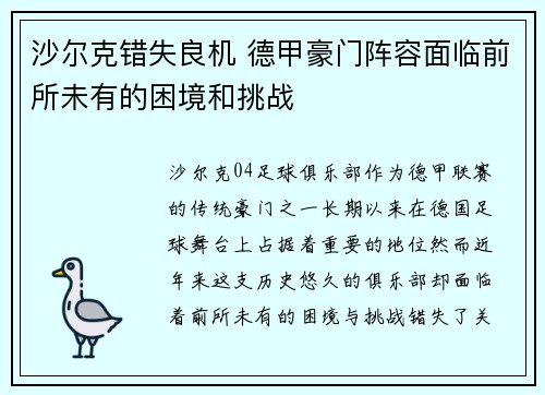 沙尔克错失良机 德甲豪门阵容面临前所未有的困境和挑战