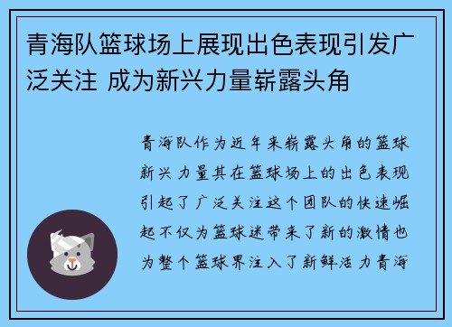 青海队篮球场上展现出色表现引发广泛关注 成为新兴力量崭露头角