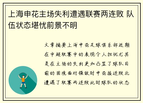 上海申花主场失利遭遇联赛两连败 队伍状态堪忧前景不明