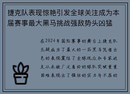 捷克队表现惊艳引发全球关注成为本届赛事最大黑马挑战强敌势头凶猛